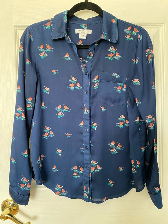 Liz Claiborne Navy Button-Front Bird Print Blouse Size Petite Medium - Picture 14 of 14